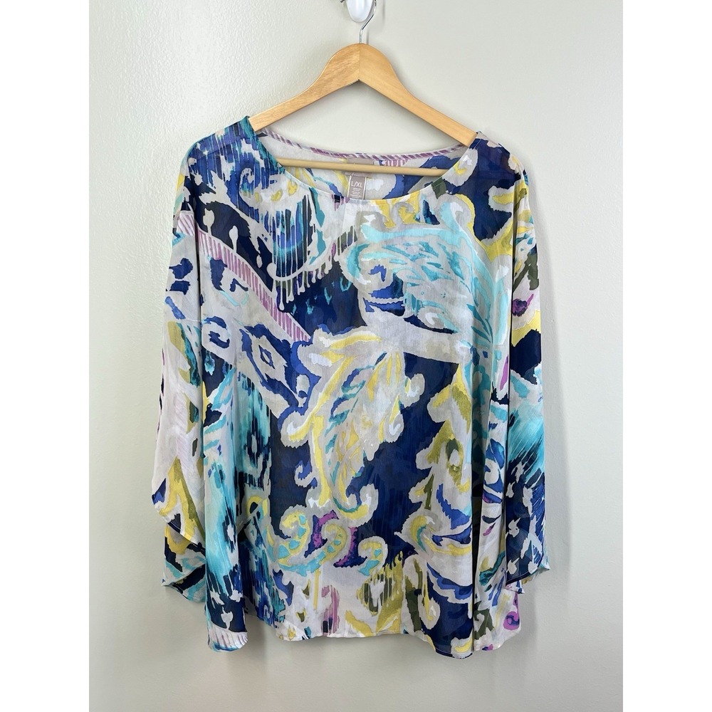 Chico's NWOT Women's Batwing Blouse Sheer Top Abstract Print Blue Yellow  L/XL